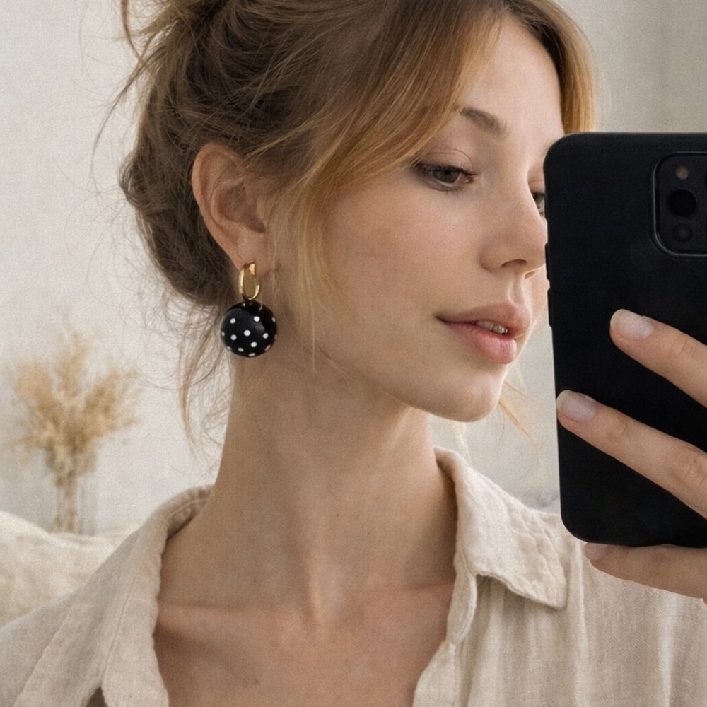 Black Polka Dot Drop Earrings – Gold Hoop – Playful Chic Style